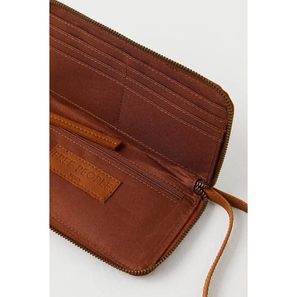 Free People Vegan Leather Wallet Wristlet Diagonal Zipper Cognac Brown Boho